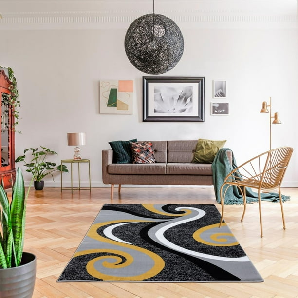 Persian Rugs 0327 Yellow Swirls Modern Abstract Area Rug 5x7