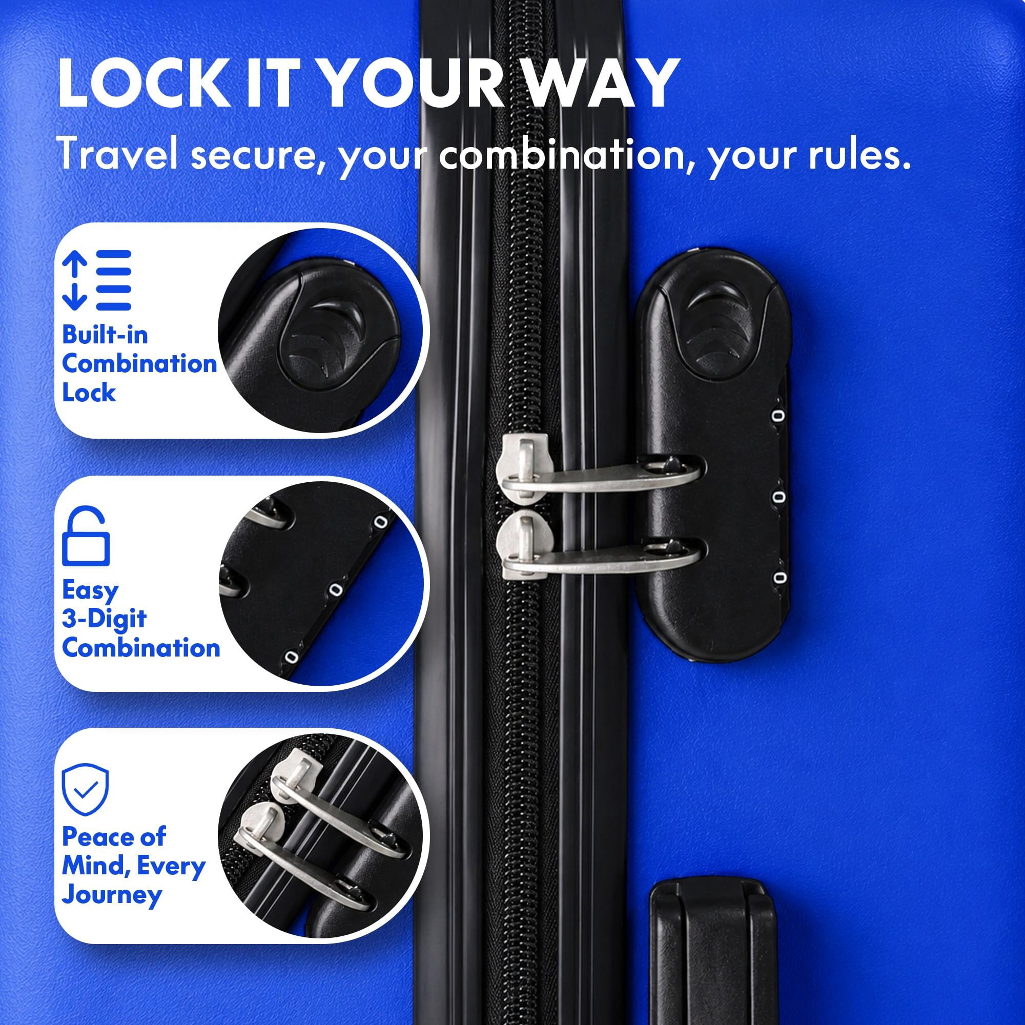 3-Piece ABS Hardshell Luggage Set, Lightweight Scratch-Resistant Suitcases with Silent Spinner Wheels & TSA Lock, Royal Blue