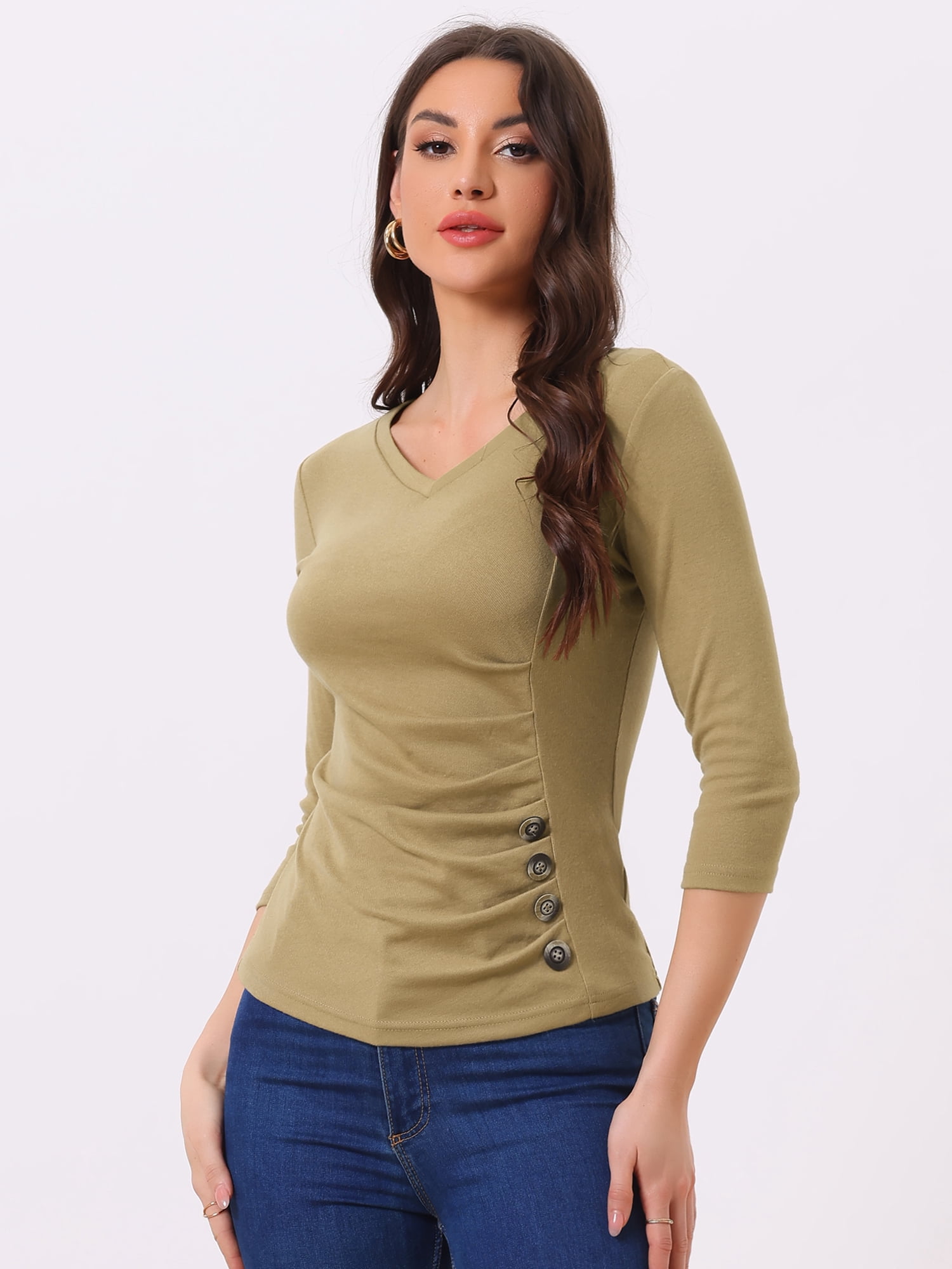 DARING DIVA V Neck Knitted Buttons Decor Ruched Blouse Top XS Tan