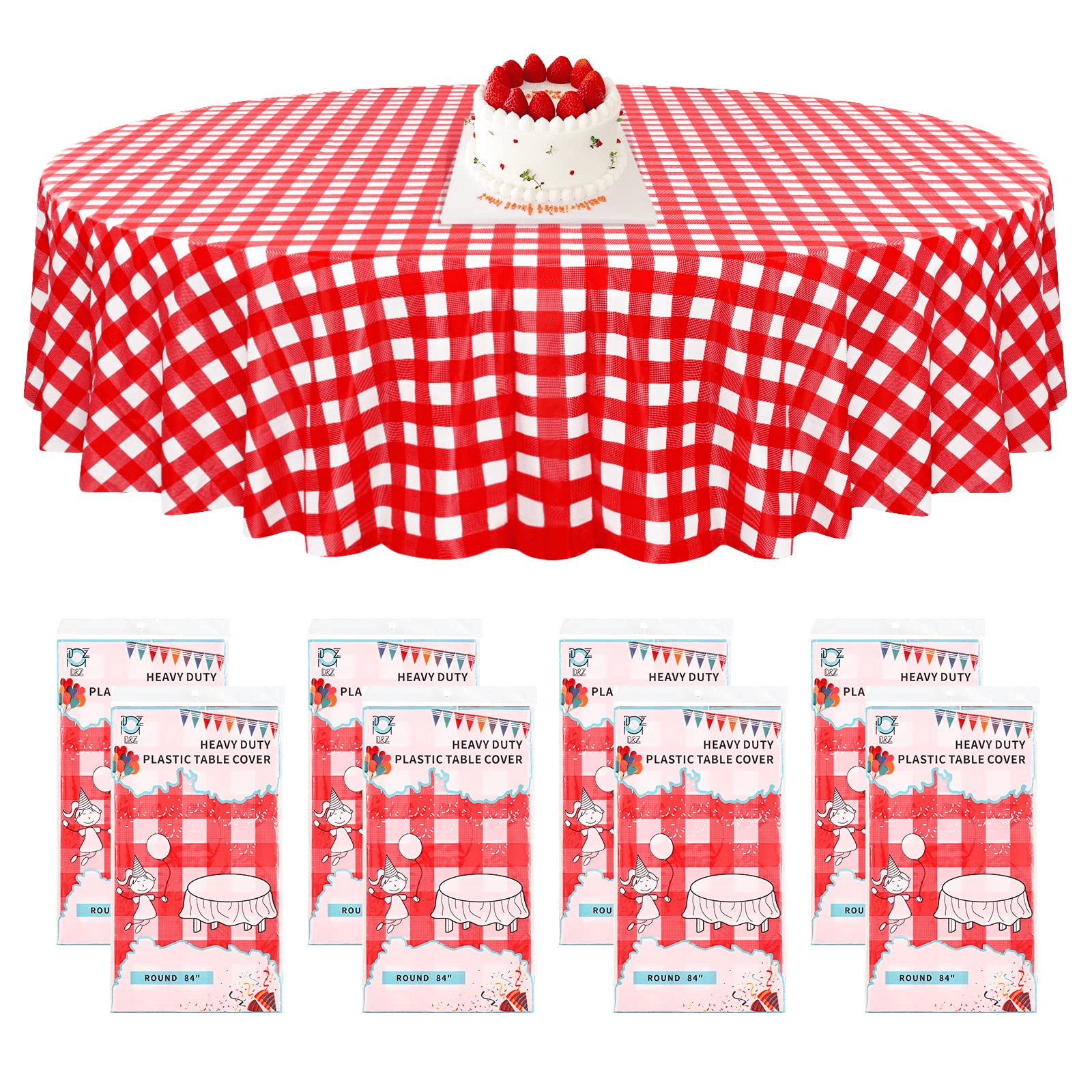 8 Pack Red and White Checkered Tablecloth 84" Round Gingham Tablecloth Disposable Plastic Table