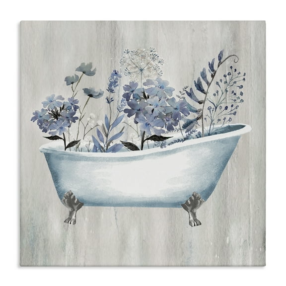 Stupell Industries Vintage Tub & Blue Florals Bath & Laundry Painting Wrapped Canvas Art Print Wall Art, 17 x 17