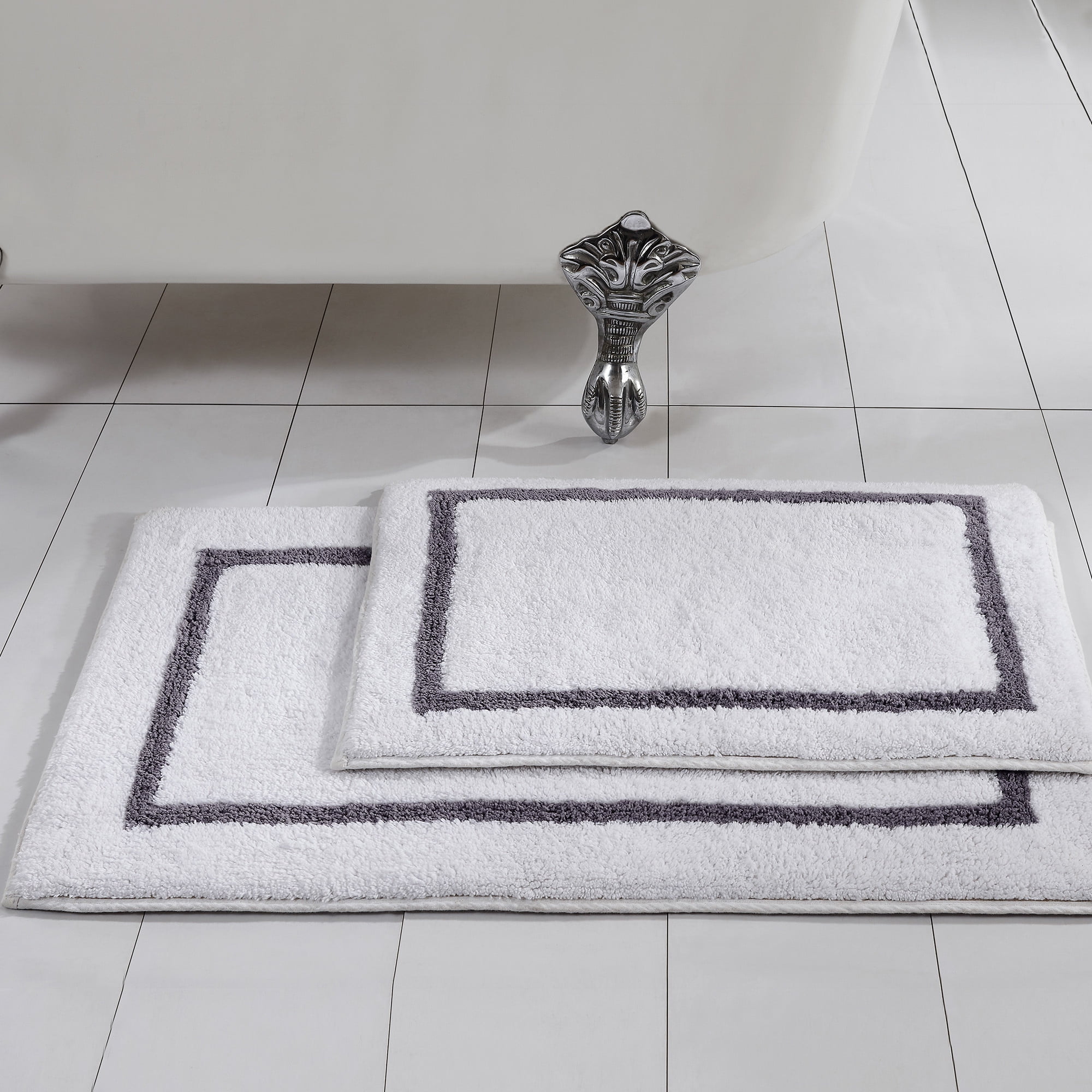 White 17x24 Inch Cotton Bath Rug Reversible Absorbent Plush Bathroom Shower Mat 