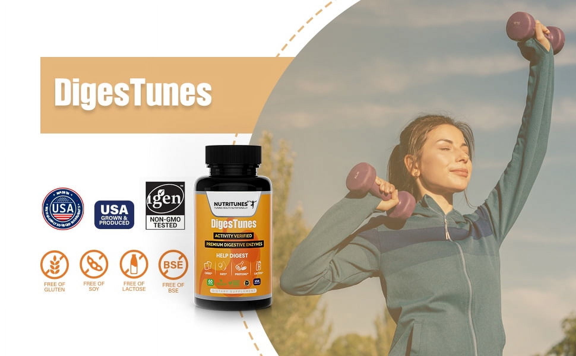 Nutritunes Vegan DigesTunes (60 Capsules) | Premium Digestive Enzymes Helps Digest Carbs, Fats, Proteins, & Lactose - Non-GMO, GMP-Certified, and Allergen Free