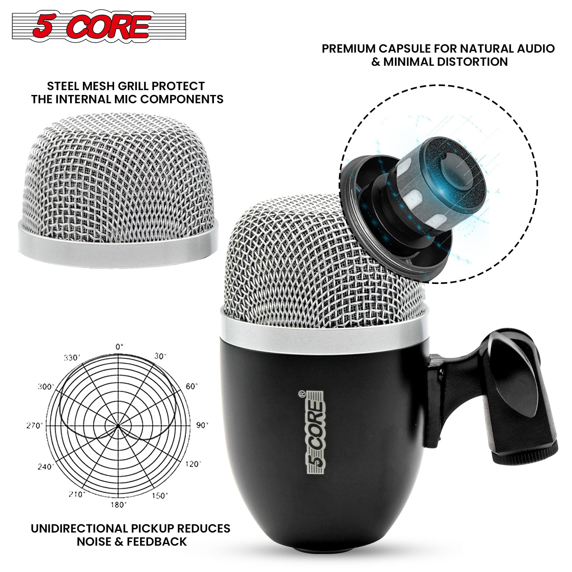 XLR Wired Cardioid Instrument Microphone for Tabla - Dynamic Moving Coil, Swivel Mount & Rim Clip Included