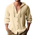 thumbnail image 3 of Men's Casual Button Down Hoodie Cotton Linen Blend Long Sleeve Round Neck Blouse, Soft Breathable Fabric For Daily Beach Vacation | Zenithor,Beige L, 3 of 9