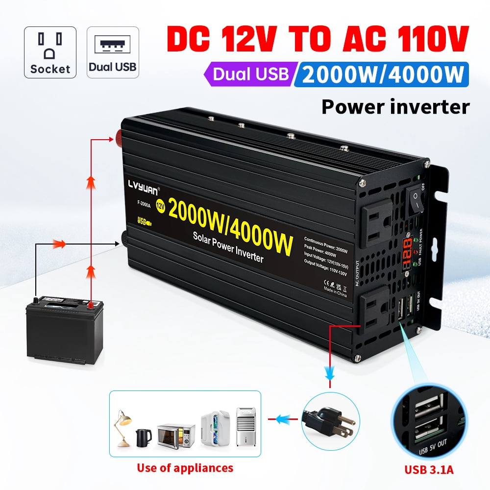 2000W 4000W Peak Modified Sine Wave Power Inverter 12V DC to 110V AC Converter Adapter USB Charger, 2AC Outlets & 2 USB, LED Display for Car, RV, Outdoor Camping & Home Backup Black