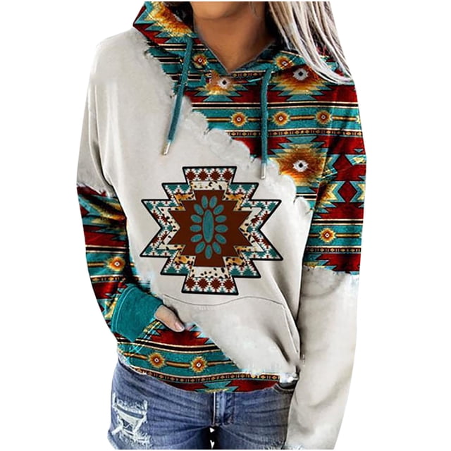 Pompotops Femmes Casual Folk-Custom Imprimé Pull Manches Longues Poche Chemisier Tops Sweatshirts