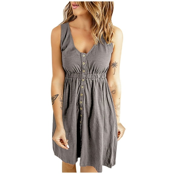 Womens Casual Sleeveless Tank Dress Button Down Elastic Waist Swing Dresses Loose Tshirt Dress Beach Sundress