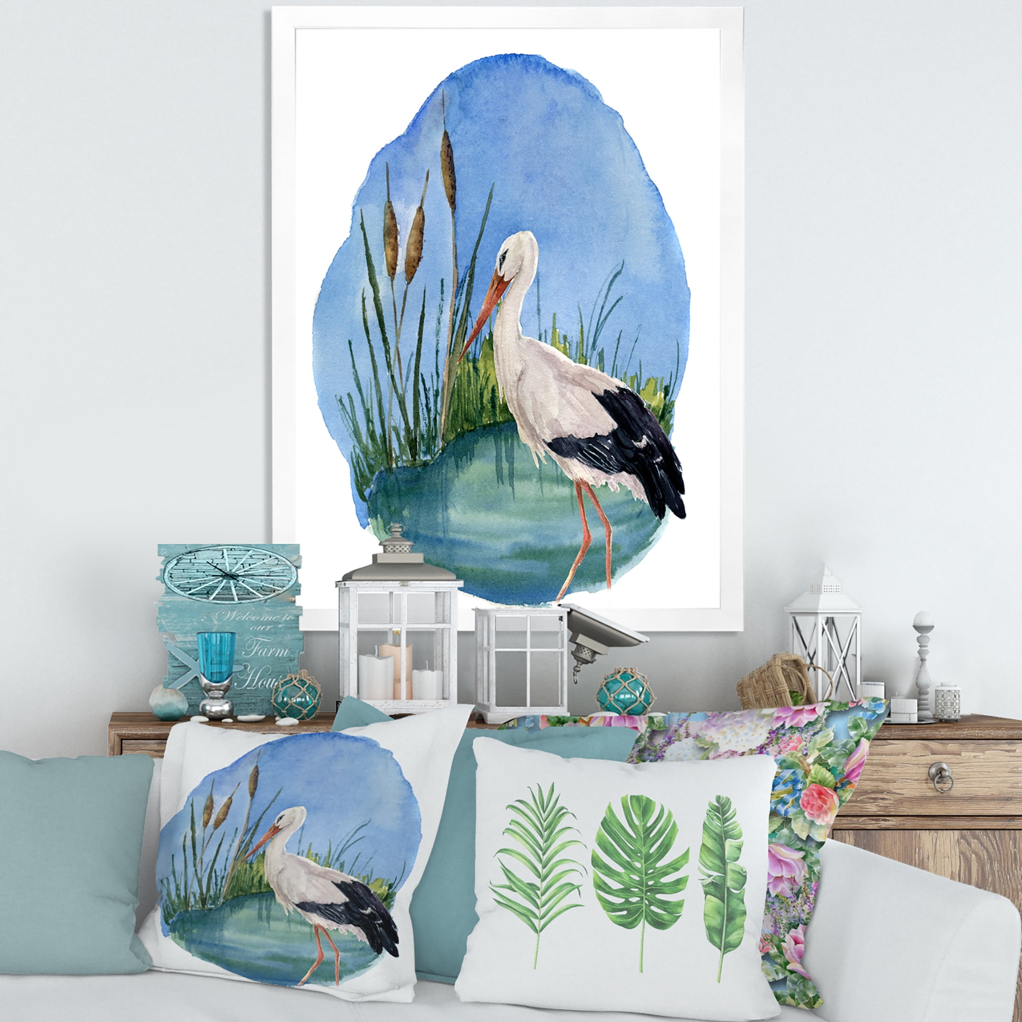Designart 'White Stork On The Swamp Blue' Traditional Framed Art Print