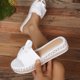 thumbnail image 5 of Sandalias de Cuña Negra para las Mujeres Pie Redondo Pescado Boca Bowknot Tejido Yute Espadrille Playa, Sandalias de Cuña Blanca para las Mujeres, 5 of 9