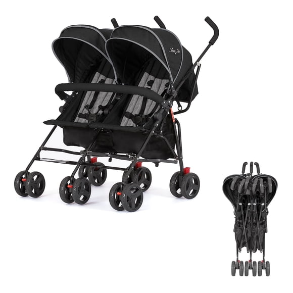 Dream On Me Volgo Cochecito con sombrilla doble en negro, cochecito doble liviano para bebés y niños pequeños, compacto y fácil de plegar, canasta de almacenamiento grande, toldo grande y ajustable
