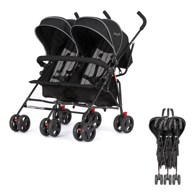 Dream On Me Volgo Cochecito con sombrilla doble en negro, cochecito doble liviano para bebés y niños pequeños, compacto y fácil de plegar, canasta de almacenamiento grande, toldo grande y ajustable