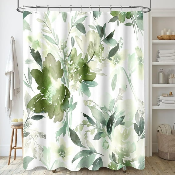Extra Long Shower Curtain 72 x 84 Inch, Tall Watercolor Floral Fabric Shower Curtain, Olive Green Modern Flower Bathroom Shower Curtain Set with Hooks