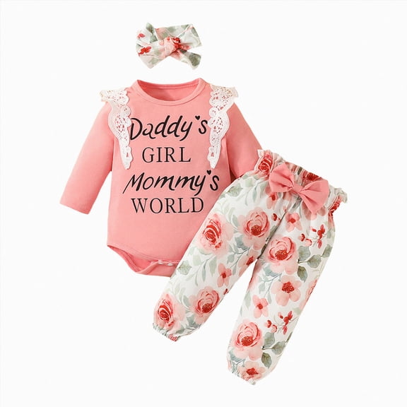 Farysays Baby Girl Clothes Daddy's GIRL Mommy WORLD Ruffle Romper Pants Headband Set 3Pcs Fall Winter Clothing