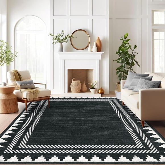 Washable Area Rug 8x10 Low Pile Washable Rug – Modern Geometric Bordered Solid Area Carpet with TPR Non Slip Backing, Soft Non Shedding Neutral Floor Mat for Living Room, Bedroom & Nursery