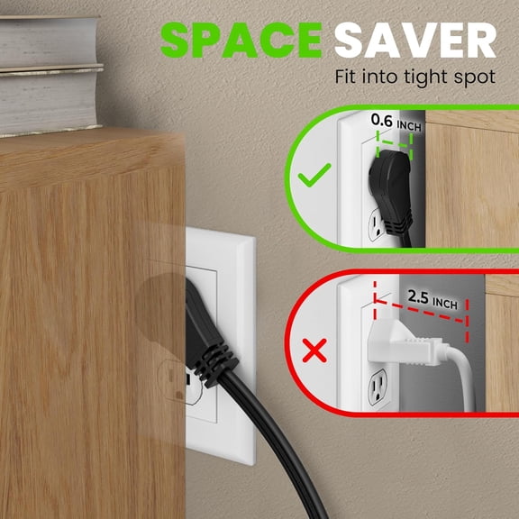 PYYAN-360 Rotating Flat Plug Extension Cord (6ft, Black) Multi 3-Outlet Extension 16 AWG Wire, Adapter for Small Spaces, Right Angle Socket, ETL Certified - 6 Feet