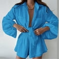 thumbnail image 2 of Lolmot Women’s 2 Piece Lounge Tracksuit Outfit Sets Cotton Linen Button Down Long Sleeve Solid Color V-Neck High Low Shirts and Elastic Waist Shorts Casual Tracksuit Outfit Set, 2 of 5