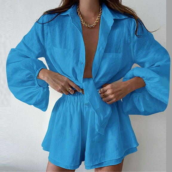 Tbopshirt Women's 2 Piece Outfits Women's Summer New Casual Solid Color V-neck Cotton Linen Shirt Wide Leg Pants