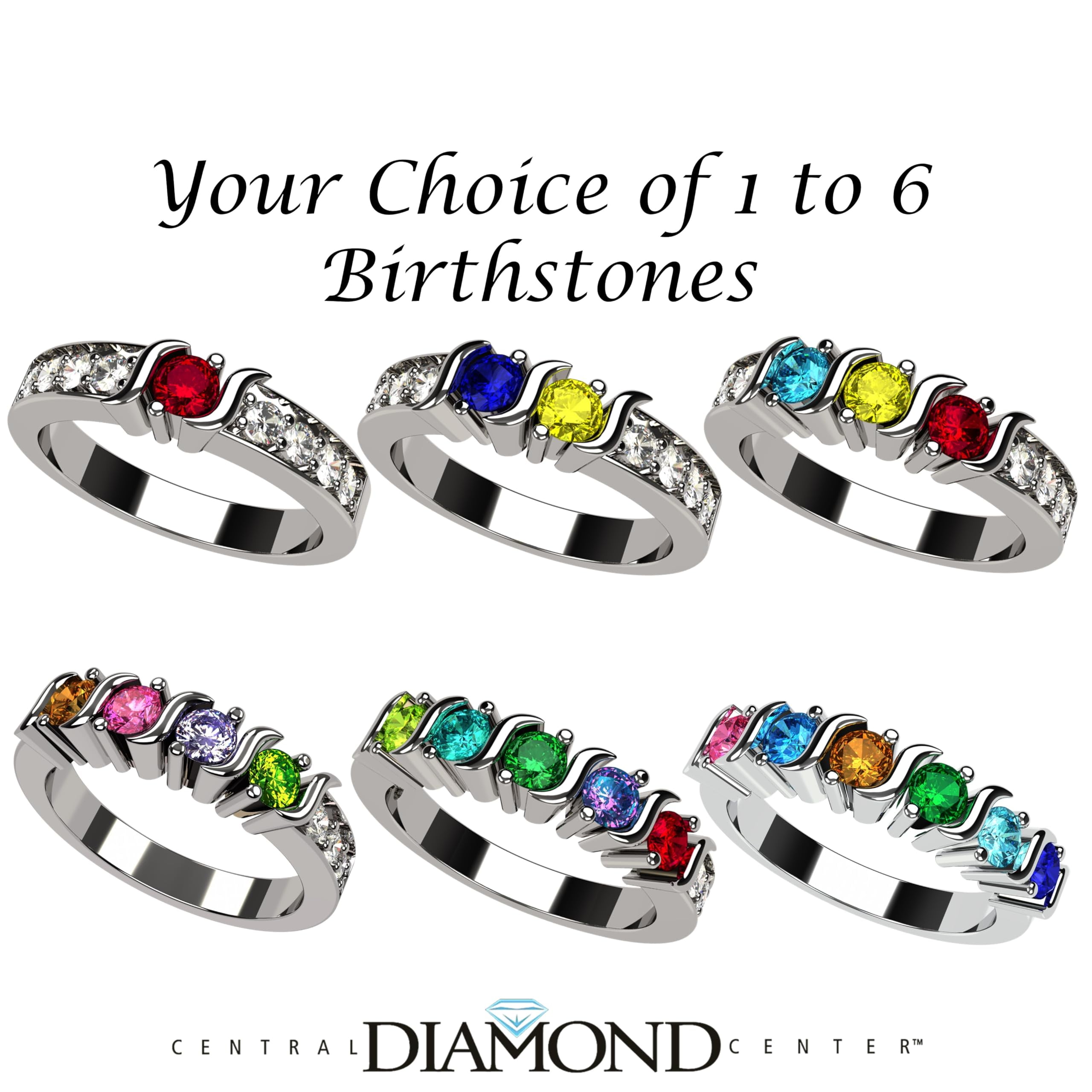 Nana S-Bar w/Sides 1-6 Multistone 10k White Gold Mothers Day Ring Gift for Women, Size 6.5, Stone 5