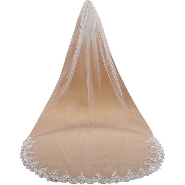 Velo de novia Babyonline con borde de encaje blanco marfil, largo catedral, con peine, talla única