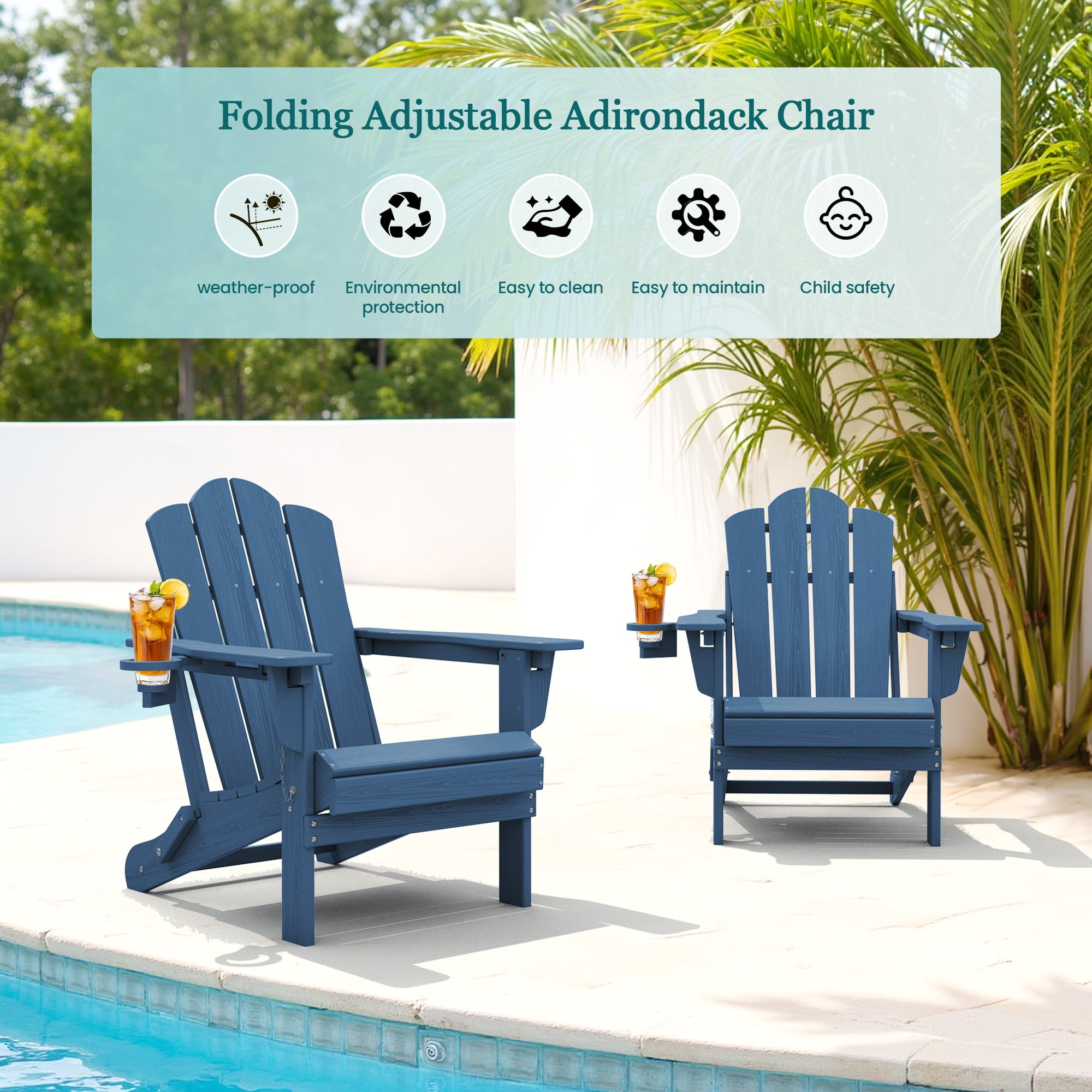 KINGYES Folding Adjustable Adirondack Chairs Set of 4, All Weather Use Reclining Adirondack Chair, HDPE Adirondack Outdoor Chair - Blue