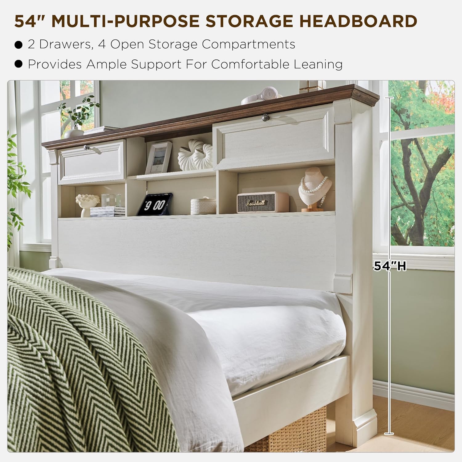 KeyWhat Farmhouse Queen Size Bed Frame with 54" Tall Storage Bookcase Headboard, Wood Platform Bed Frame with 2 Drawers, No Box Spring Needed, Antique White