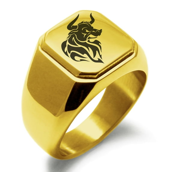 Stainless Steel Gargantuan Minotaur Engraved Square Flat Top Biker Style Polished Ring