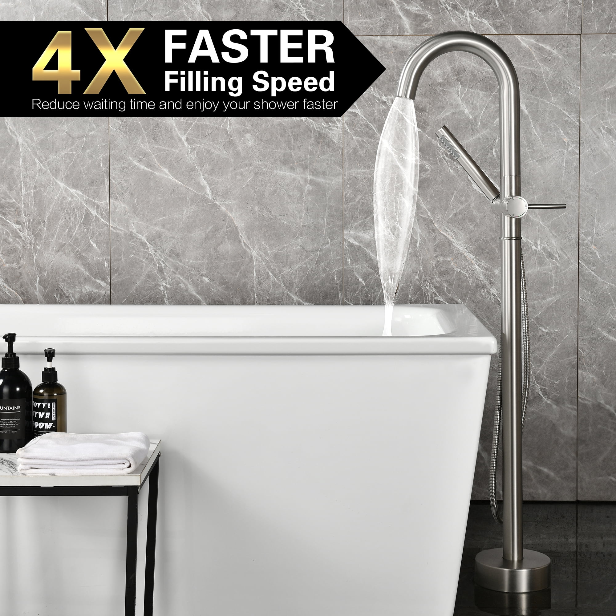 sumerain Freestanding Tub Faucet High Flow with Hand Shower,Modern Floor Mount Tub Filler Faucet Brushed Nickel
