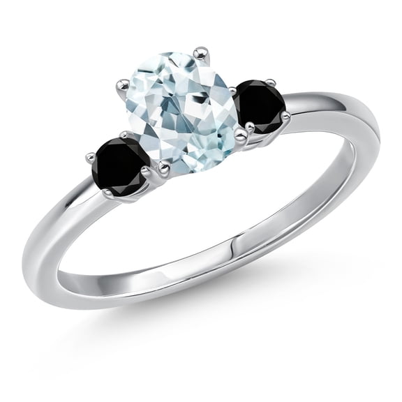 Gem Stone King 14K White Gold Sky Blue Aquamarine and Black Diamond Engagement Ring for Women | 0.95 Cttw | Oval 7X5MM | Gemstone March Birthstone | Size 9