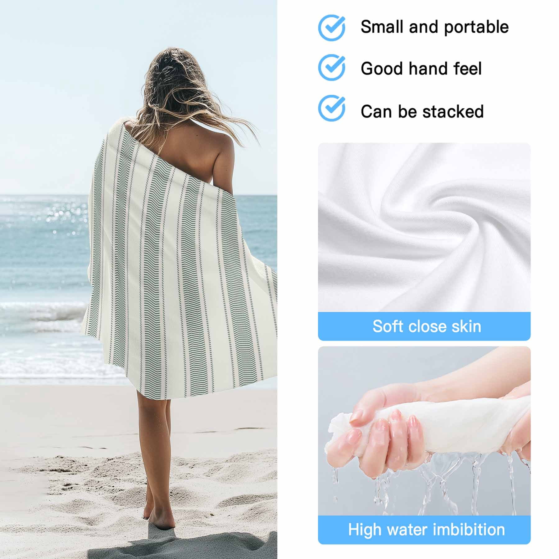 Beach Towel Sage Green Stripes Bath Pool Towels Vertical Striped Line Absorbent Beach Towel Soft Large Quick Dry Lightweight Camping Travel Sports Yoga Gym Swim Towels for Adult 35x70 Inch