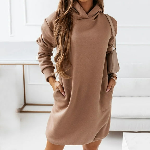 PMVFHDE Women's Long Hooded Sweatshirt Dress with Pockets, Casual Comfort Long Sleeve Pullover Nightgown Khaki,XL