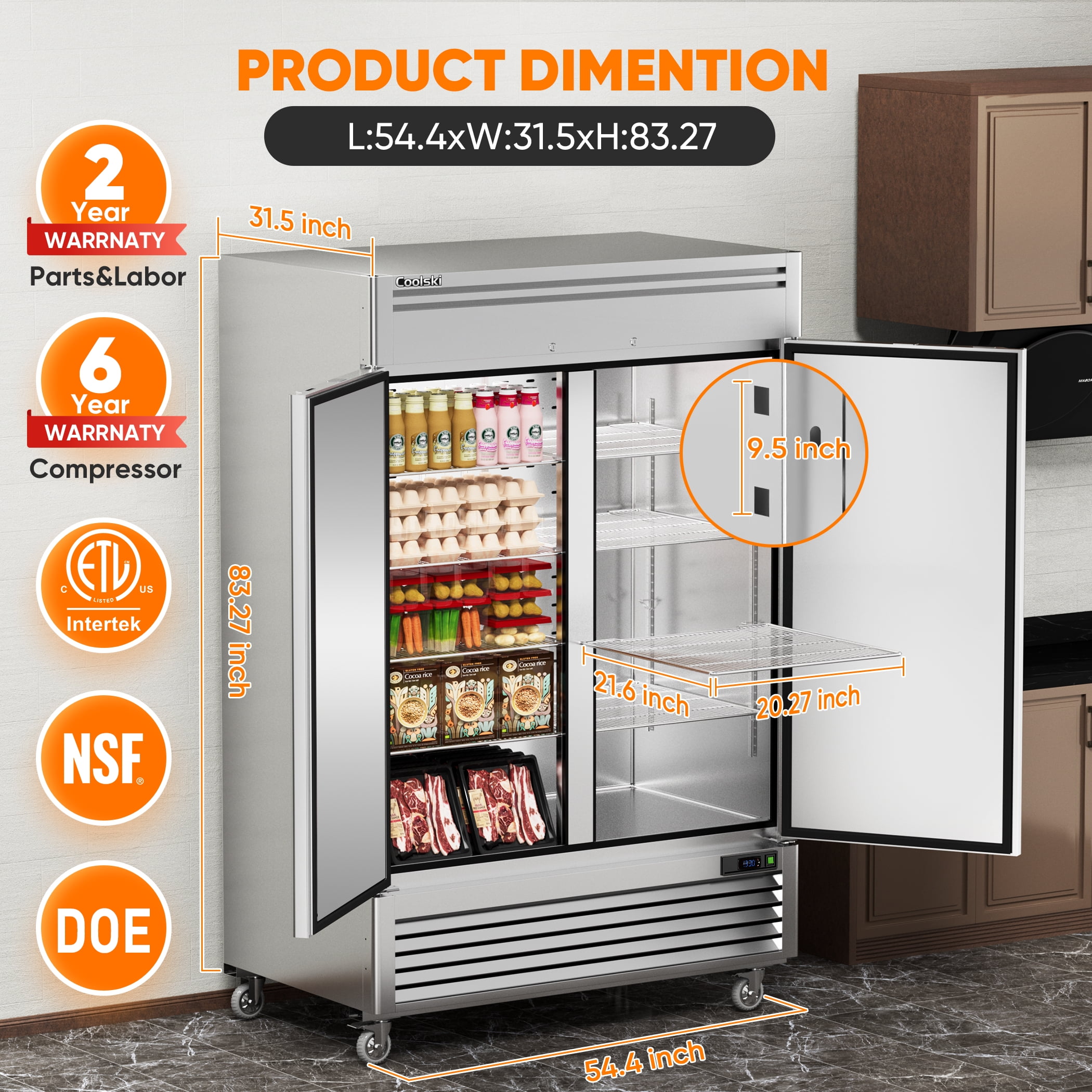 Coolski 49 Cu.ft Commercial Refrigerator, 2-Door Stainless Steel Reach-In Fridge