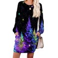 thumbnail image 3 of Women's Casual Dress Long Sleeve Round Neck Snowflake Print with Pocket Winter Theme Loose Fit Midi Dress for Spring Fall,Black,L, 3 of 6