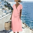 thumbnail image 4 of Women's Solid Color Wrap V Neck Midi Dress Short Sleeve Tie Waist Casual Vacation Dress with Pockets Pink L(L), 4 of 7