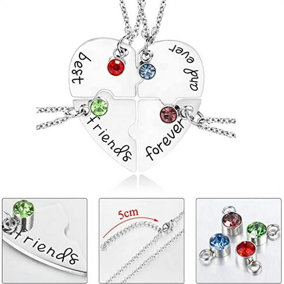 Limei 4Pcs Stainless Steel Best Friend Forever and Ever Rhinestone BFF Necklace Heart Shape Pendant Friendship Puzzle Stitching Necklace