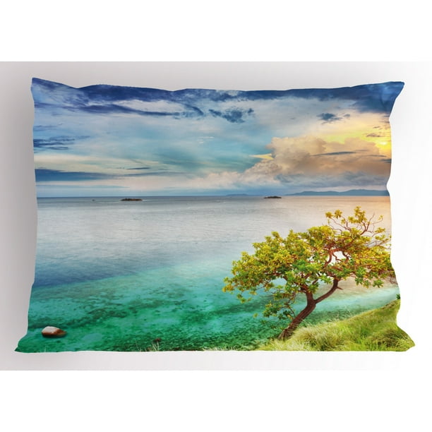Scenery Pillow Sham Sea Wiev Landscape Sunset Dawn Beach Abandoned Island Art Print Image Decorative Standard King Size Printed Pillowcase 36 X 20 Inches Aqua Turquoise And Green By Ambesonne Walmart Com