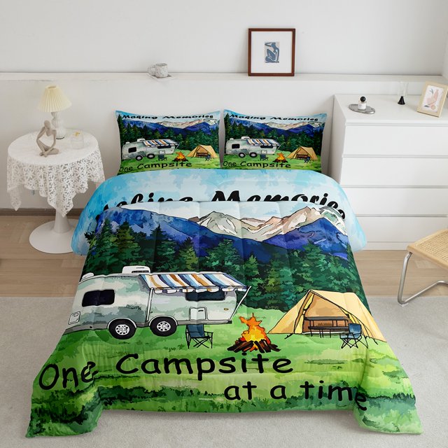 Erosebridal Rustic Camping Bedding Twin Comforter Set, Adventure Down Comforter, Happy Camping Decor, Reversible 2 Pieces