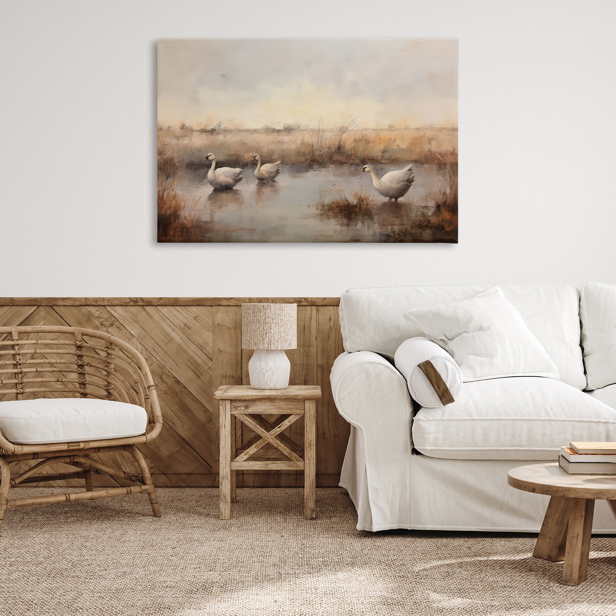Stupell Industries Swan Family Rural Pond Landscape & Nature Painting Wrapped Canvas Art Print Wall Art, 45 x 30