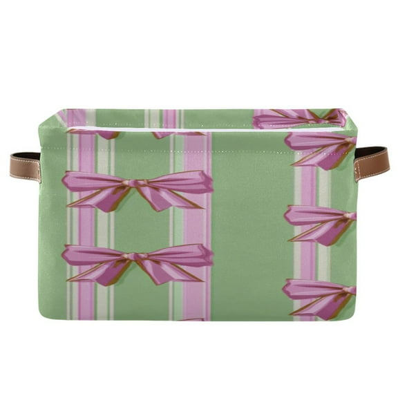Green Pink Stripes Cute Bows Square Storage Bins with Handles Collapsible Containing Box 1 Pack