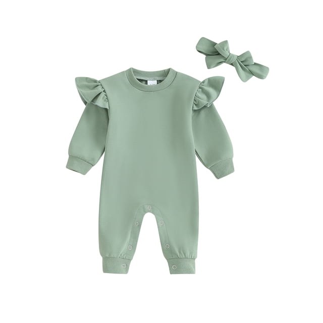 Gupgi Combinaison Automne pour Bébé Fille Nouveau-Né Manches Longues Col Rond à Volants une Pièce avec Bandeau