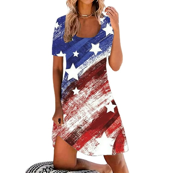 Gvmfive Women 4th of July Independence Day Casual Midi Dress American Flag Short Sleeve Shirt Dress