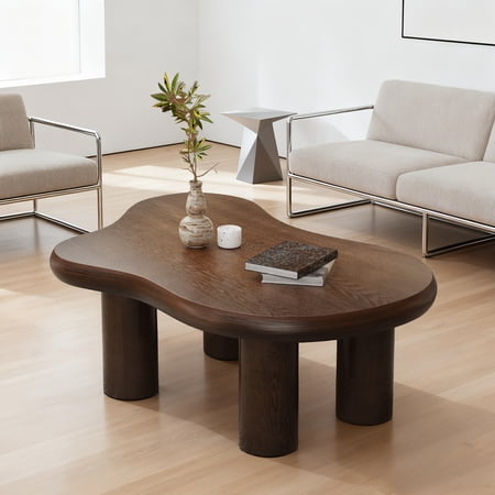 46-Inch Cloud Shape Coffee Table, Mid-Century Modern Irregular Design Accent Table with Four Wooden Legs in Brown Finish for Living Room and Home Office