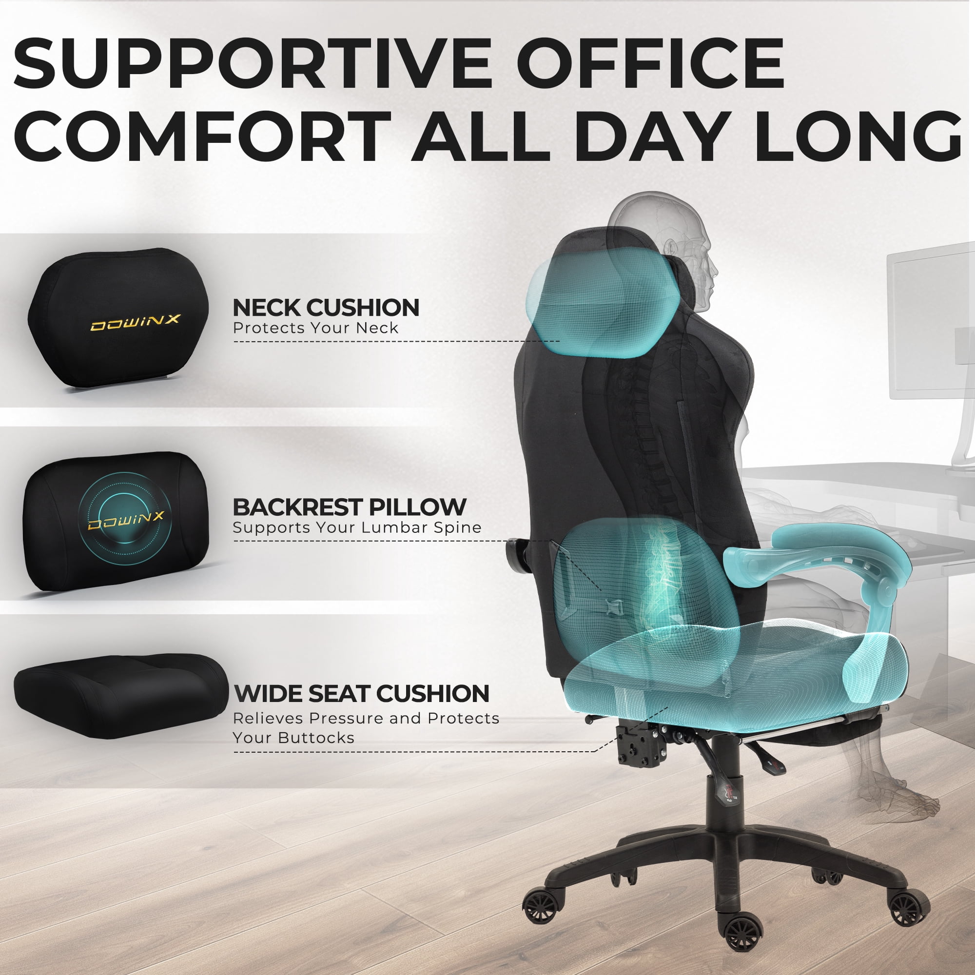GOOSEA Big and Tall Gaming Chair with Footrest and Suede Fabric, Office Game Chair with Pocket Spring Cushion, High Back Ergonomic for Adults, 440LBS, Black