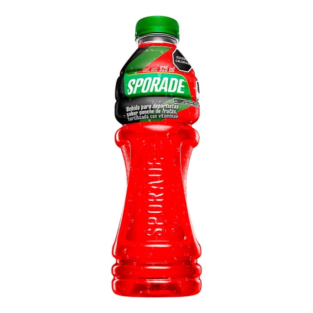 bebida para deportistas sporade ponche 625 ml botella frontal de plástico transparente con líquido rojo y tapa verde, etiqueta verde y blanca con logo Sporade y texto de producto, cuerpo ergonómico con relieve; indicada para hidratación y reposición de electrolitos durante el ejercicio, adecuada para llevar a entrenamientos.