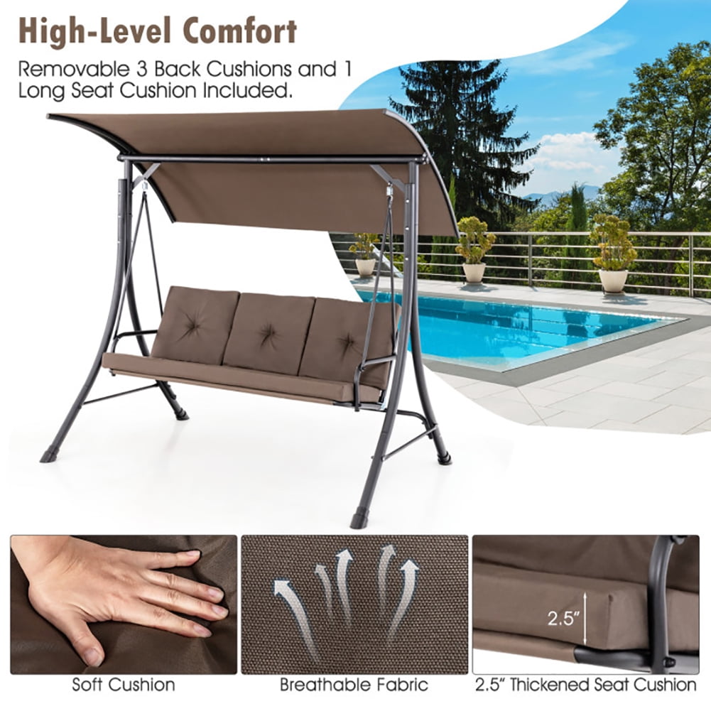 Aimee Lii 3-Seat Outdoor Porch Swing with Adjustable Canopy and Padded Cushions, Swing Chair Outdoor, Brown Aimee Lii 3-Seat Outdoor Porch Swing with Adjustable Canopy and Padded Cushions, Swing Chair Outdoor, Brown