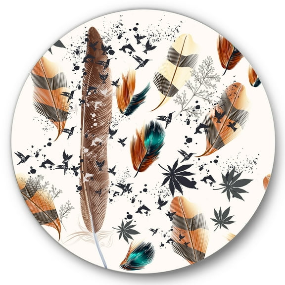 Designart 'Multicolored Feather Pattern With Floral' Bohemian & Eclectic Circle Metal Wall Art 36x36 - Disc of 36