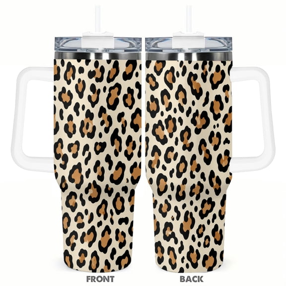 40oz Classic Leopard Print Car Tumbler with Handle and Straw Gift Stainless Steel Insulated Travel Coffee Cup for Women