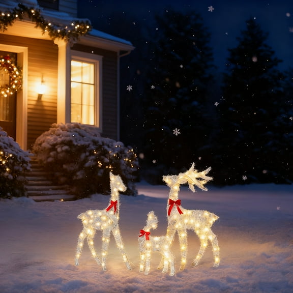 iCapeson 3-Piece Lighted Christmas Reindeer Family Outdoor Decor, 110 Warm White LED Pre-Lit Tinsel Deer Set for Yard, Weatherproof & Easy Foldable for Storage, 2.4FT Holiday Light Decorations