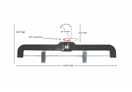 NAHANCO #2600RCLH 14"Black Heavy Weight Plastic Skirt/Pant Hangers With Long Hook and Chrome Clips (Pack of 100)