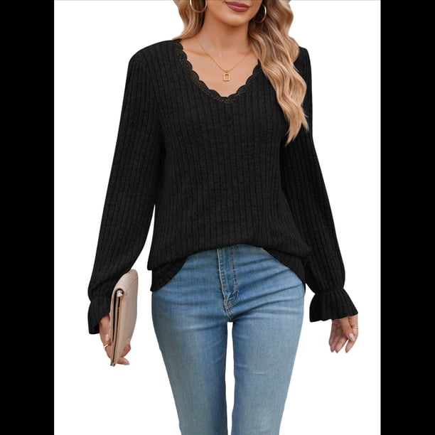 Blusas de Larga para Mujer, Holgadas, Elegantes, con Encaje y Cuello en V, Informales y Modernas para Usar con Leggings, Moda de Otoño Negro XXL